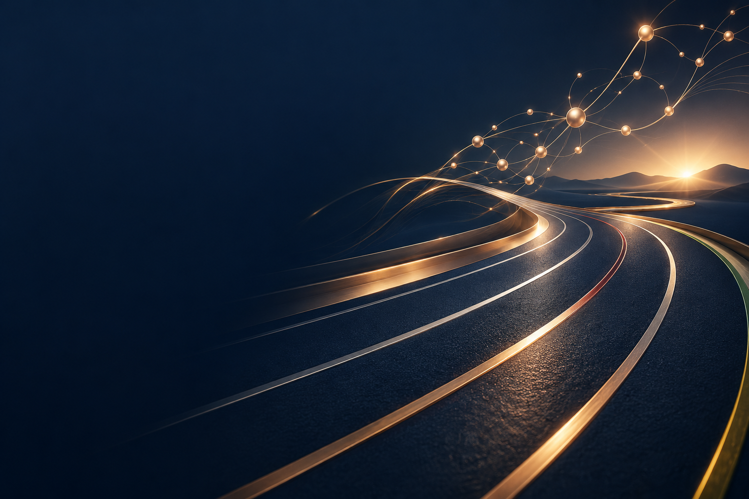 Abstract running lanes rising into a network of illuminated pathways